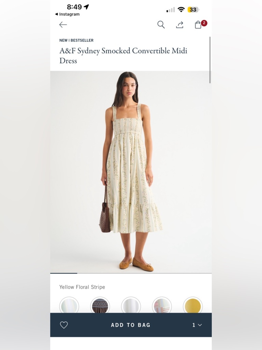 ISO Abercrombie & Fitch Sydney Smocked Convertible Midi Dress - Yellow Floral